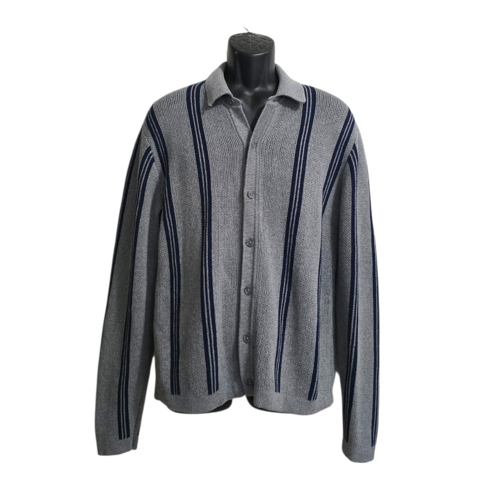 Old Navy Striped Button Front Preppy Academia Sweater In Gray & Blue Sz L